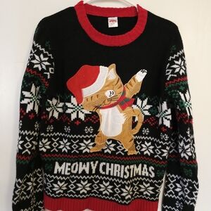 Holiday Time Festive Cat Crewneck Sweater - Black, Red, White, Green